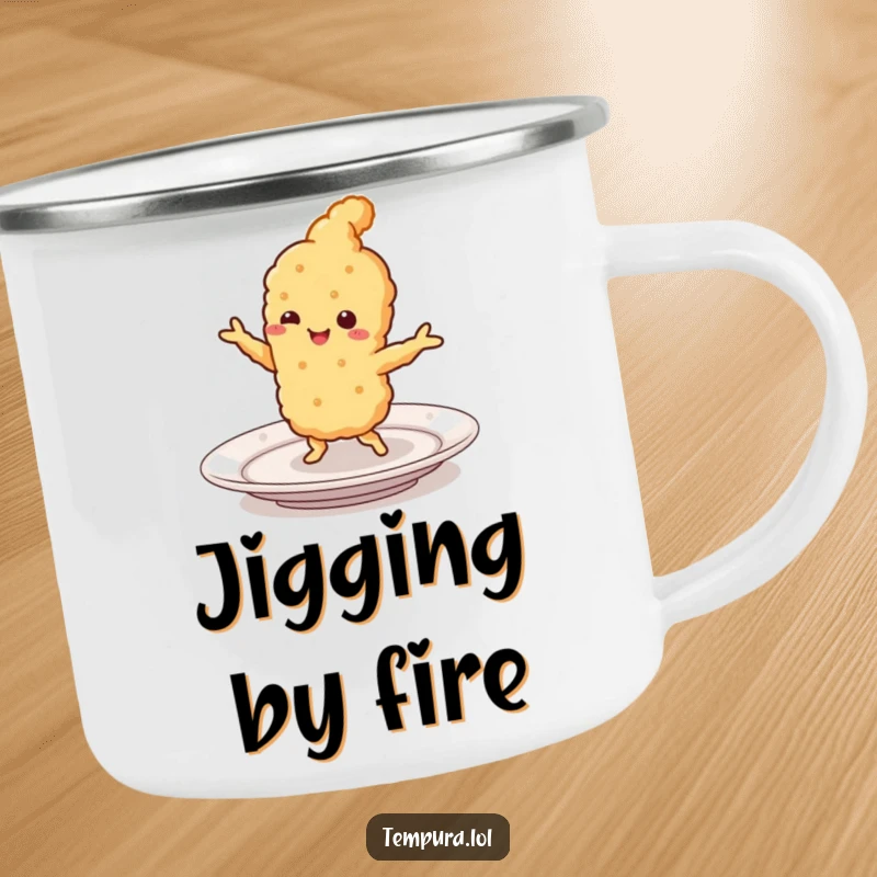 Funny Tempura Camping Mug: A smiling piece of fried food doing a lively jig on a plate, ideal for outdoor enthusiasts who appreciate humor and deliciousness.