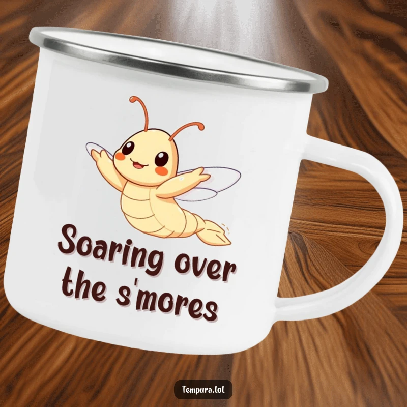 Funny Flying Tempura Shrimp Camping Mug, shown attempting to fly, making outdoor moments more inspiring and humorous.