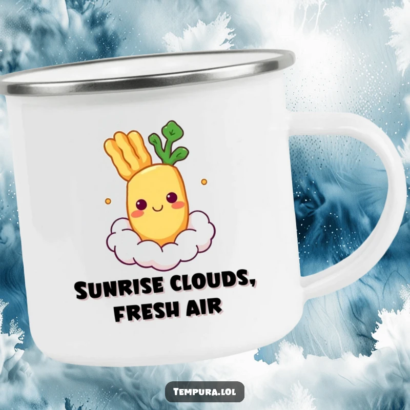 Funny Camping Mug featuring a smiling tempura vegetable character floating on a cloud.