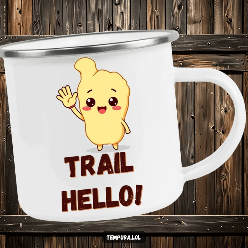 Funny tempura character enthusiastically waving hello, a durable camping mug for cheerful outdoor experiences.