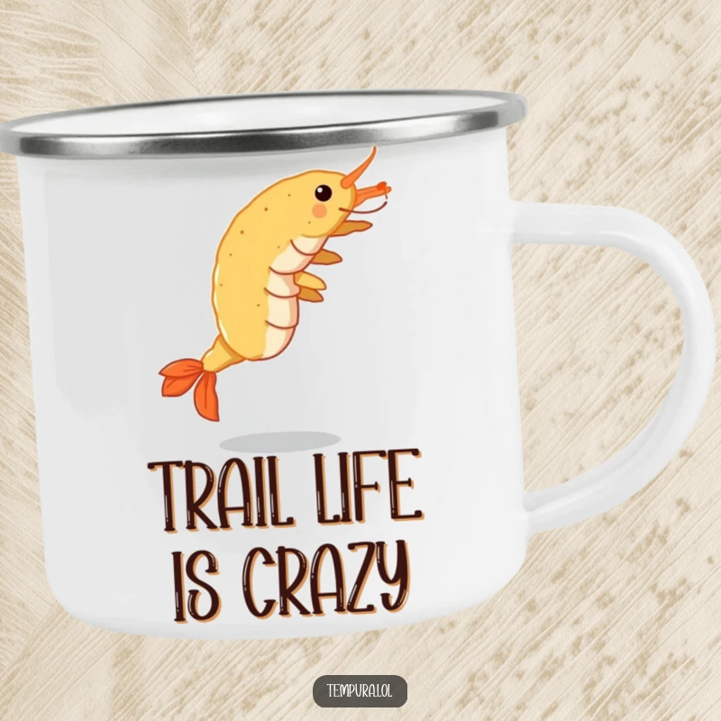 Funny Tempura Shrimp Camp Mug: A crispy shrimp cartwheeling, built for outdoor adventures and adding humor to your drink.