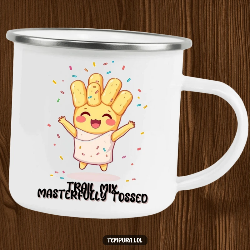 Funny camping mug featuring a happy tempura character juggling colorful sprinkles, ideal for outdoor enthusiasts who enjoy humor and sweetness.
