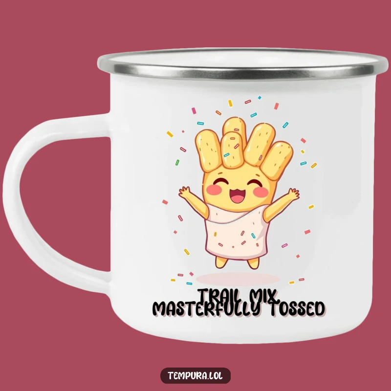 Funny Tempura Sprinkle Juggling Camping Mug: Cheerful Character for Outdoor Fun