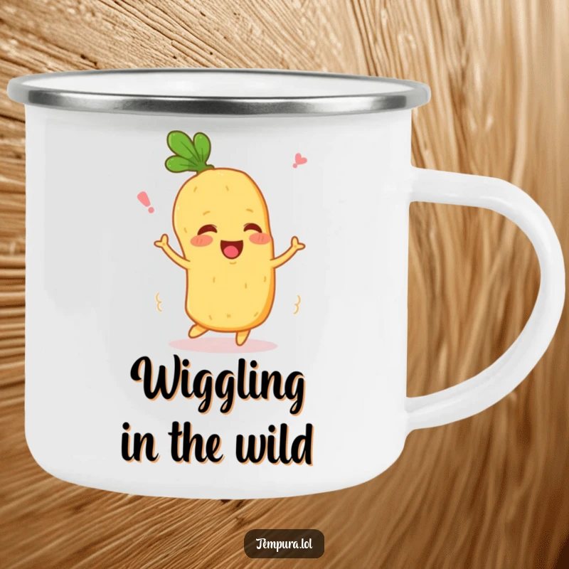 Funny Wiggling Veggie Camp Mug: A happy tempura vegetable character wiggles, designed for outdoor use and humorous enjoyment.