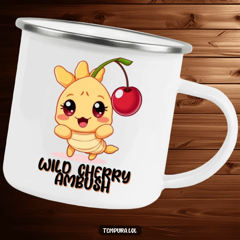Funny Tempura Shrimp Camping Mug: A wide-eyed tempura shrimp character reacting with shock to a floating cherry, perfect for outdoor fun.