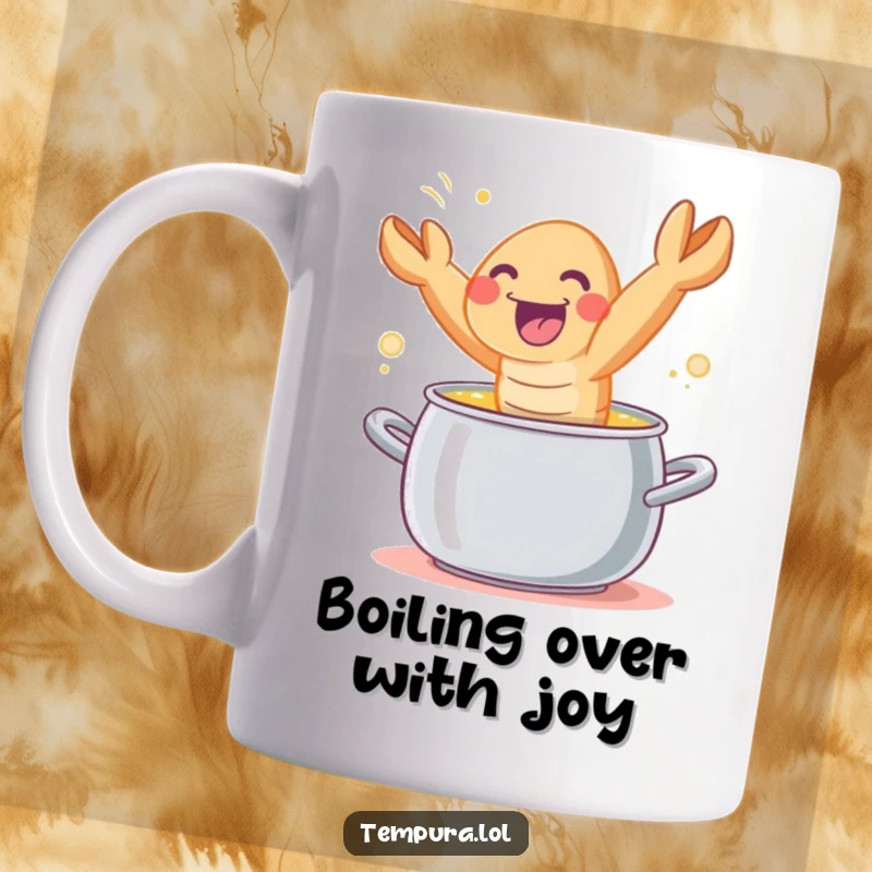 Funny tempura shrimp character joyfully leaping out of a steaming cooking pot, celebrating culinary success.