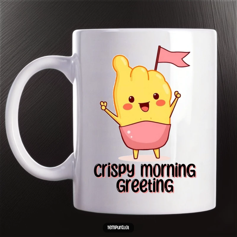 Funny Tempura Mug depicting a piece of tempura enthusiastically waving a small flag, celebrating with joy and deliciousness.