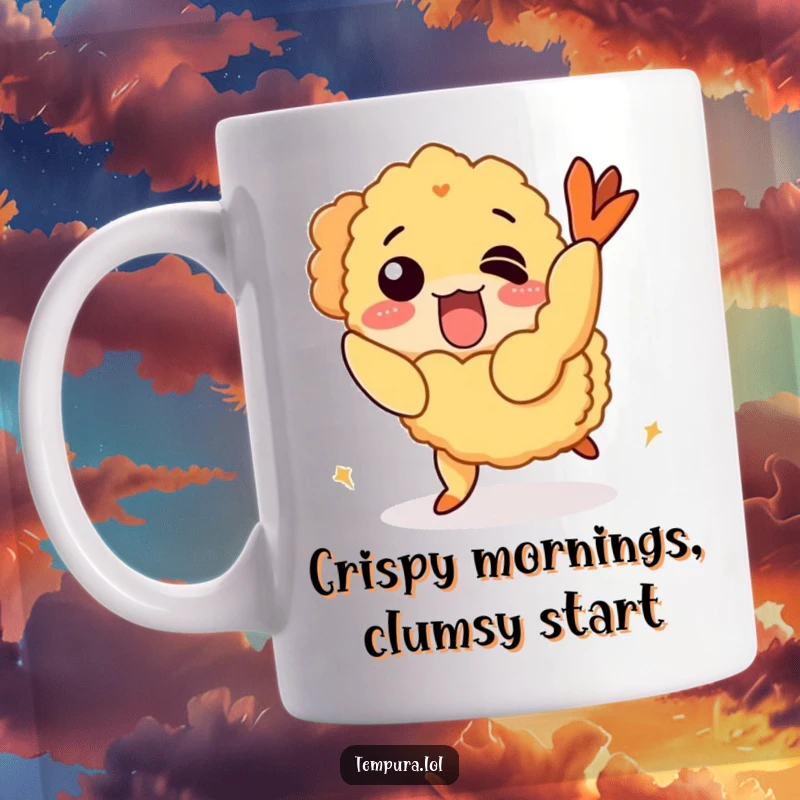 Funny Mug showing a cartoon tempura shrimp comically tripping over its own crispy fried coating.