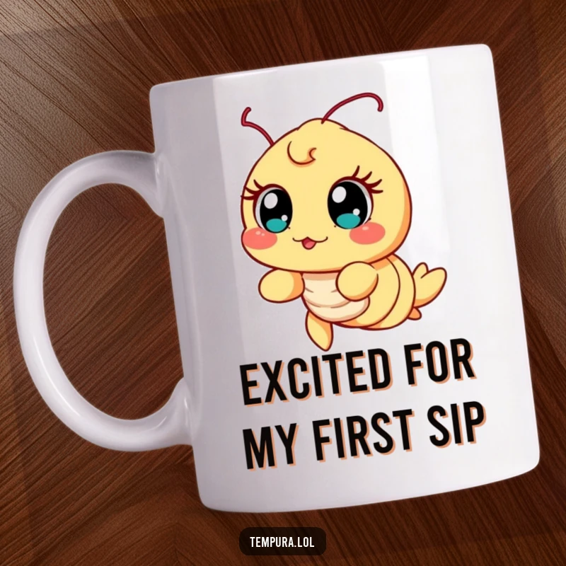 Funny Excited Shrimp Mug, depicted with wide, sparkling eyes, radiating pure enthusiasm and delightful surprise.