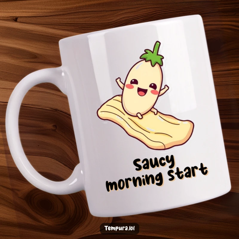 Funny Mug: A happy tempura eggplant character joyfully slides down a wavy sauce slide, embodying delicious fun.