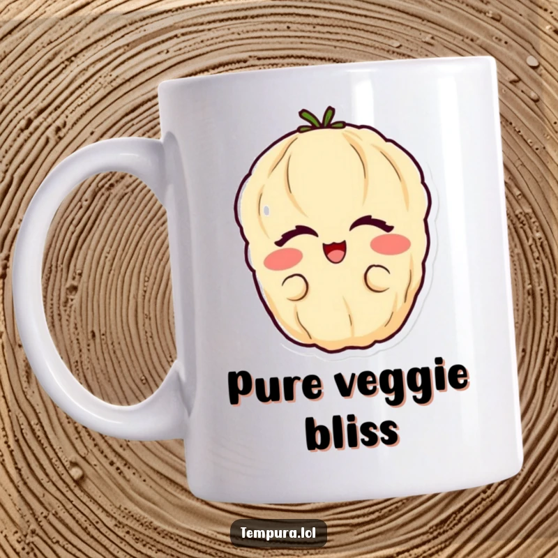 Funny vegetable tempura mug featuring a happy tempura vegetable with eyes closed in absolute glee.