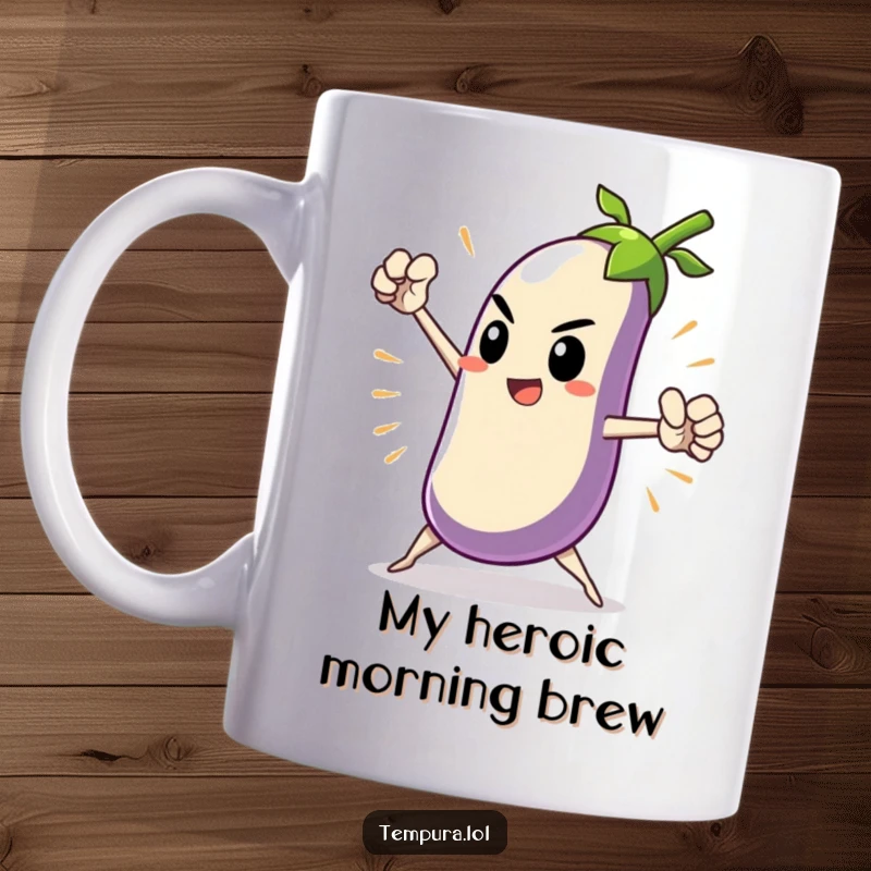 Funny Heroic Tempura Eggplant Mug featuring a tempura eggplant character striking a dramatic, heroic pose, showcasing bravery and humor.