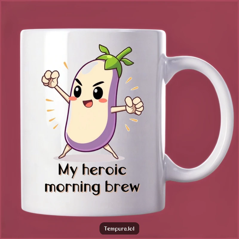 Funny Heroic Tempura Eggplant Mug: Dramatic Pose Gift for Humor