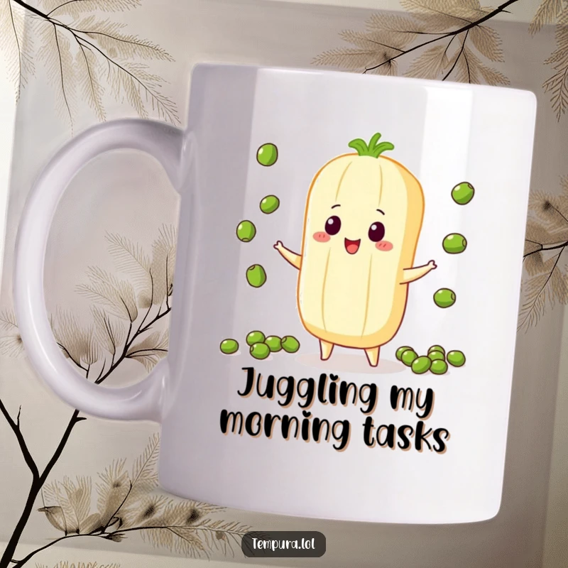 Funny Juggling Vegetable Mug, depicted skillfully juggling small peas, showcasing a humorous and talented food character.