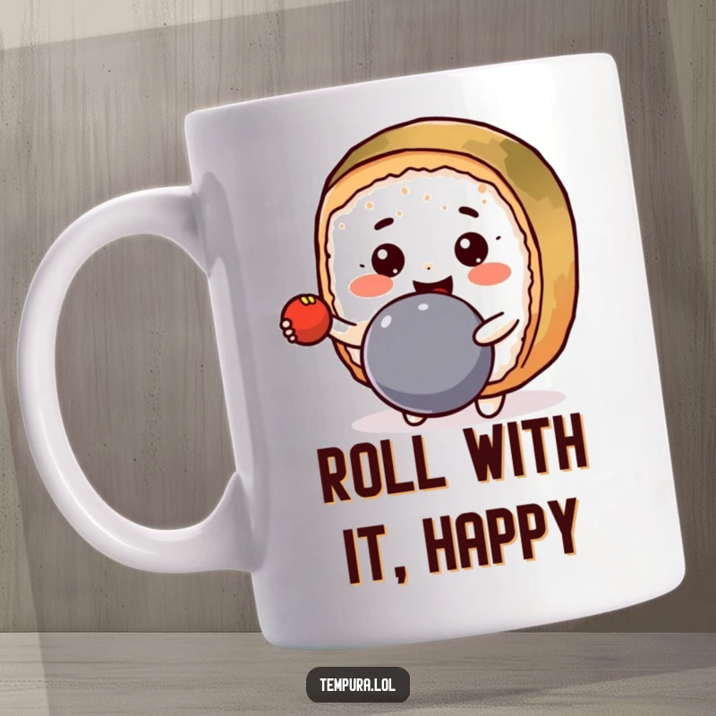 Funny Mug featuring a cute Kawaii sushi roll with a wide grin, happily bouncing a colorful ball.