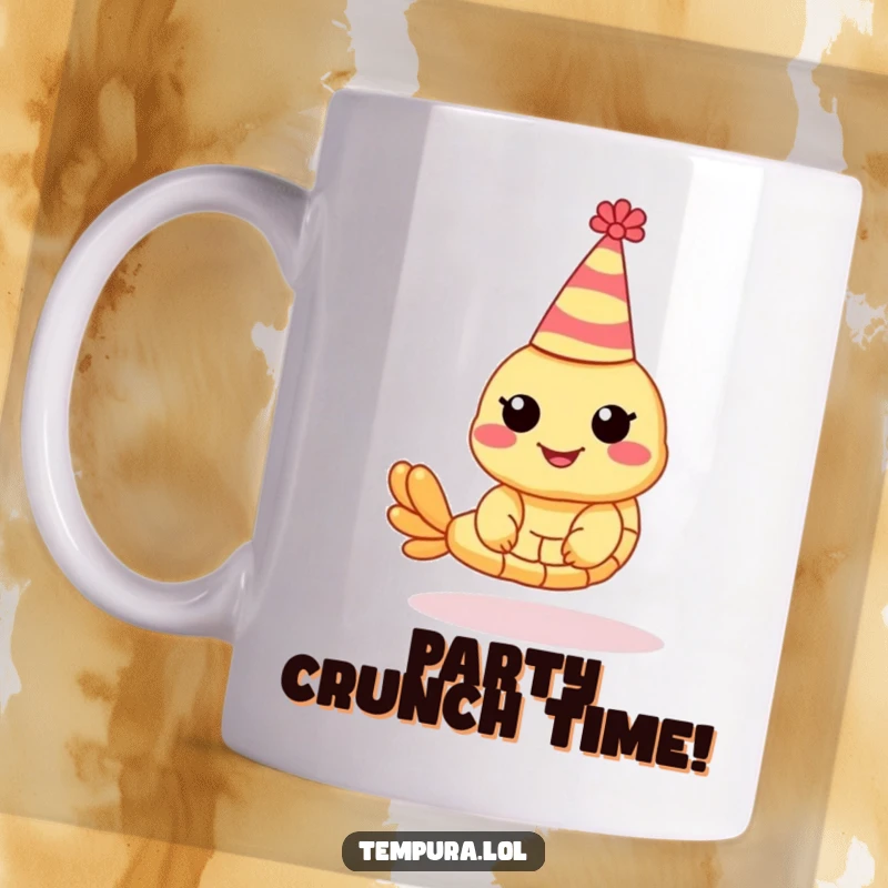 Funny Shrimp Tempura Mug: A crispy shrimp tempura character wears a colorful party hat, ready to celebrate.