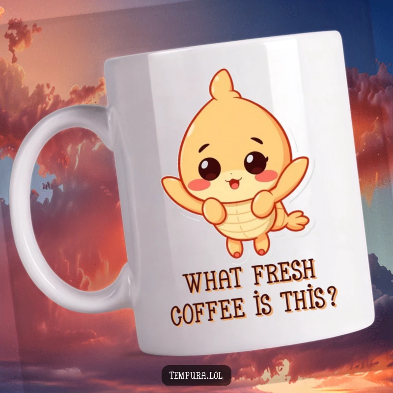 Funny Surprised Shrimp Mug: A tempura shrimp character with wide eyes and an open mouth, showing humorous shock.