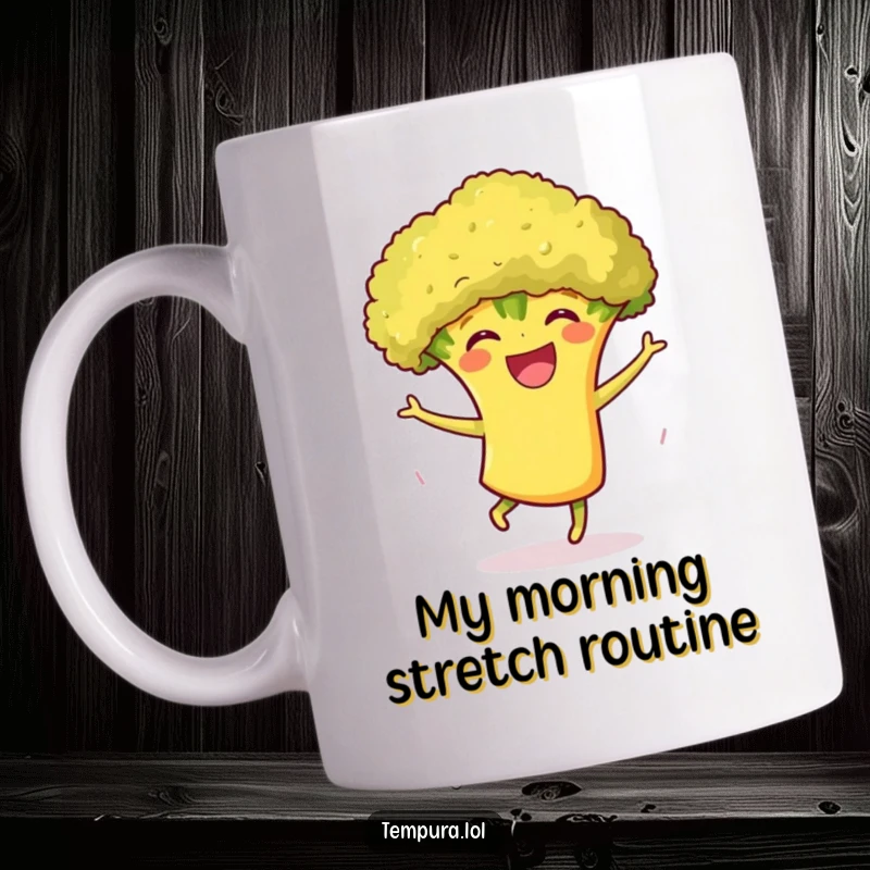 Funny Tempura Broccoli Dance Mug: A grinning, joyful piece of tempura broccoli enthusiastically dancing, bringing laughter and cheer.