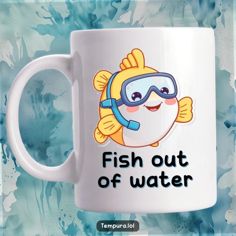 Funny tempura fish character wearing a tiny snorkel, smiling brightly, ready for a swim, perfect for a funny mug gift.