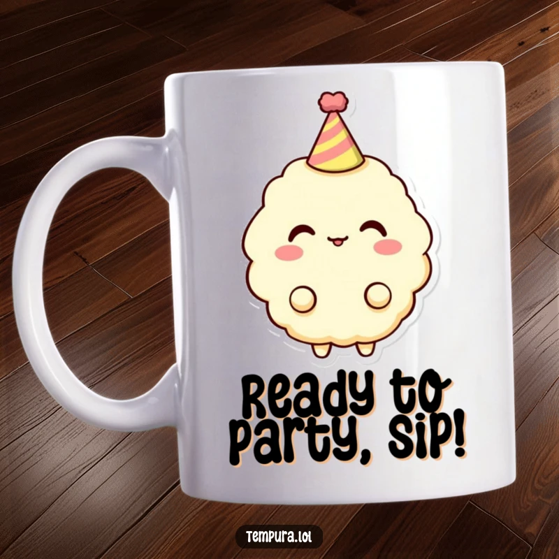 Funny Tempura Character Mug: A cheerful tempura piece wears a small party hat, ready for a humorous celebration.