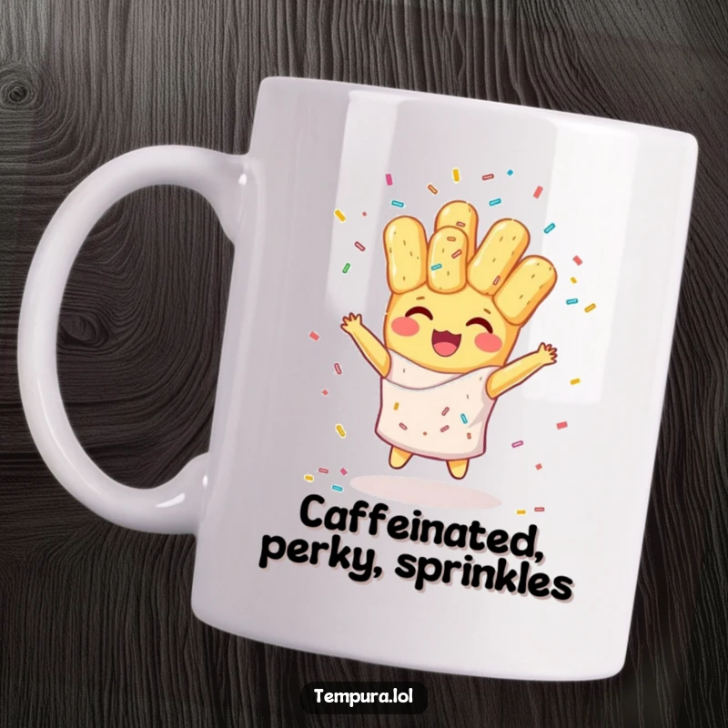 Funny mug featuring a happy tempura character skillfully juggling colorful sprinkles, perfect for a delightful and humorous gift.