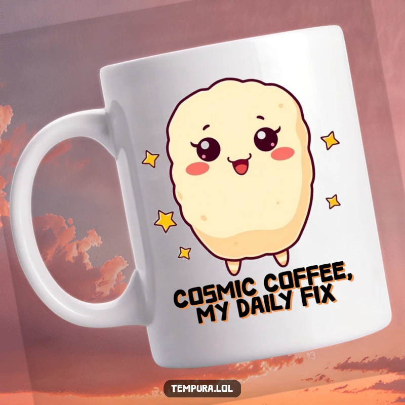 Funny Mug featuring a cute tempura piece with eyes, juggling glowing stars with a joyful expression.