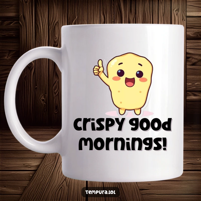 Funny Tempura Thumbs-Up Mug featuring a tempura character giving an excited thumbs-up, conveying approval and humor in a foodie design.