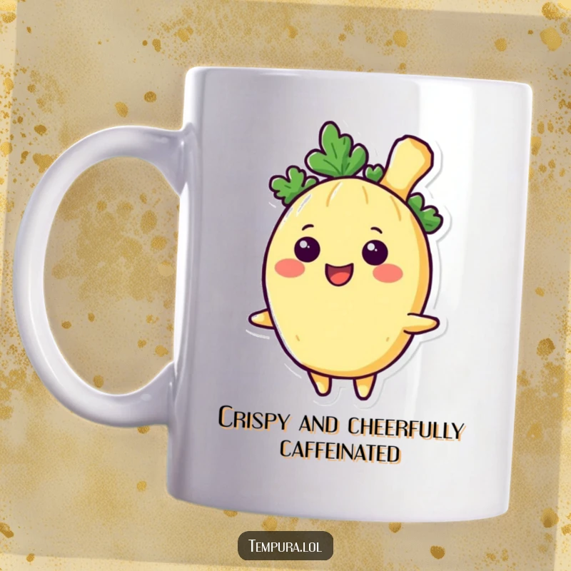 Funny Tempura Vegetable Mug, featuring a character with a big, infectious smile, radiating happiness and culinary delight.