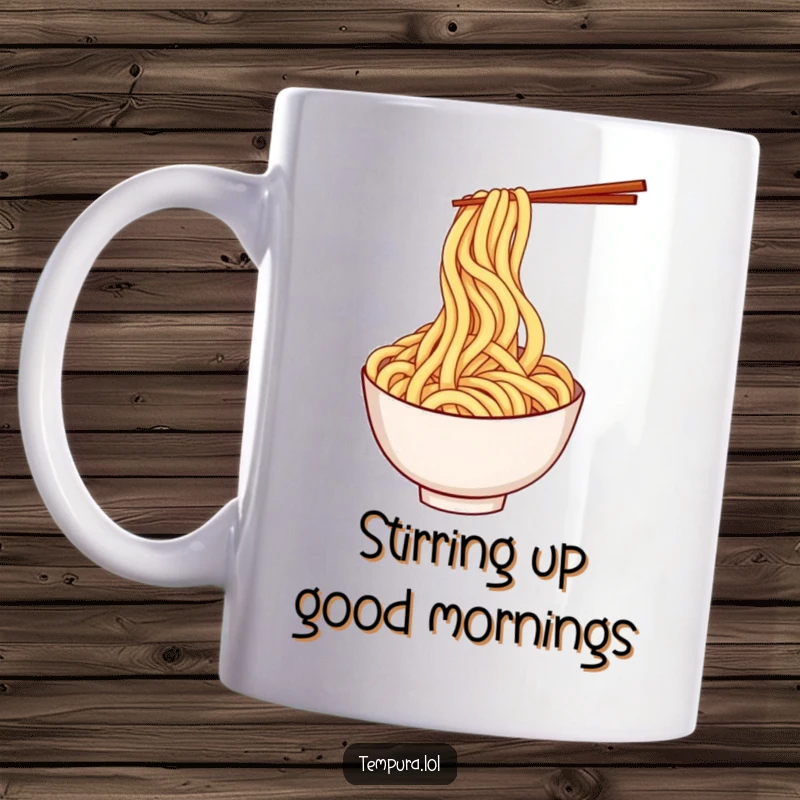 Funny tempura udon noodle mug with a playful, twirling noodle character, bringing smiles to your face.
