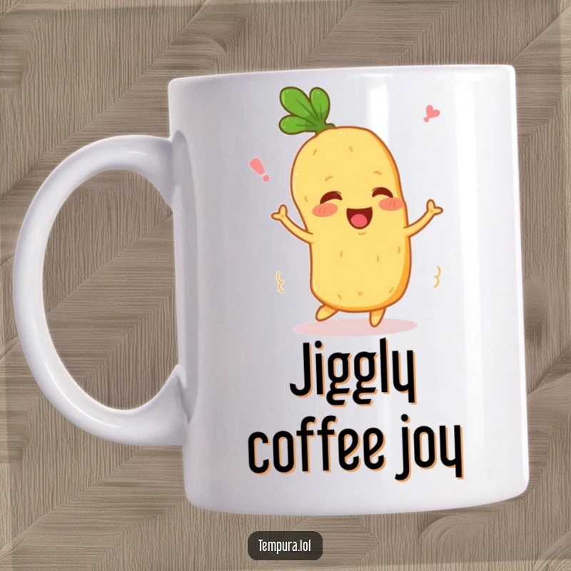 Funny Wiggling Veggie Mug: A happy tempura vegetable character wiggles joyfully, bringing a cute and humorous vibe.
