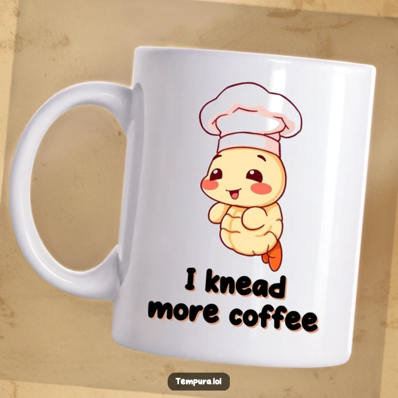 Funny mug with a tempura shrimp wearing a tiny chef hat, looking like a miniature culinary master ready to cook.