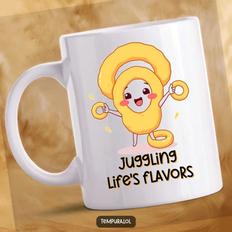 Funny Mug: A happy tempura onion ring character skillfully juggles smaller onion rings, radiating fun and deliciousness.