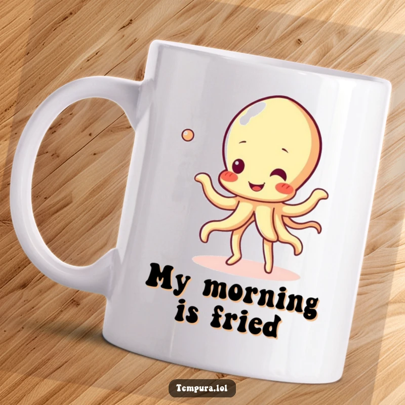 Funny Tempura Squid Mug featuring a cheerful, anthropomorphic squid character in a delightful bubbly dance pose, spreading joy.