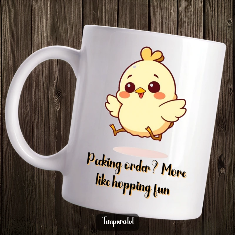 Funny mug featuring a giggling chicken tempura character joyfully hopping with a big smile, perfect for a lighthearted morning.