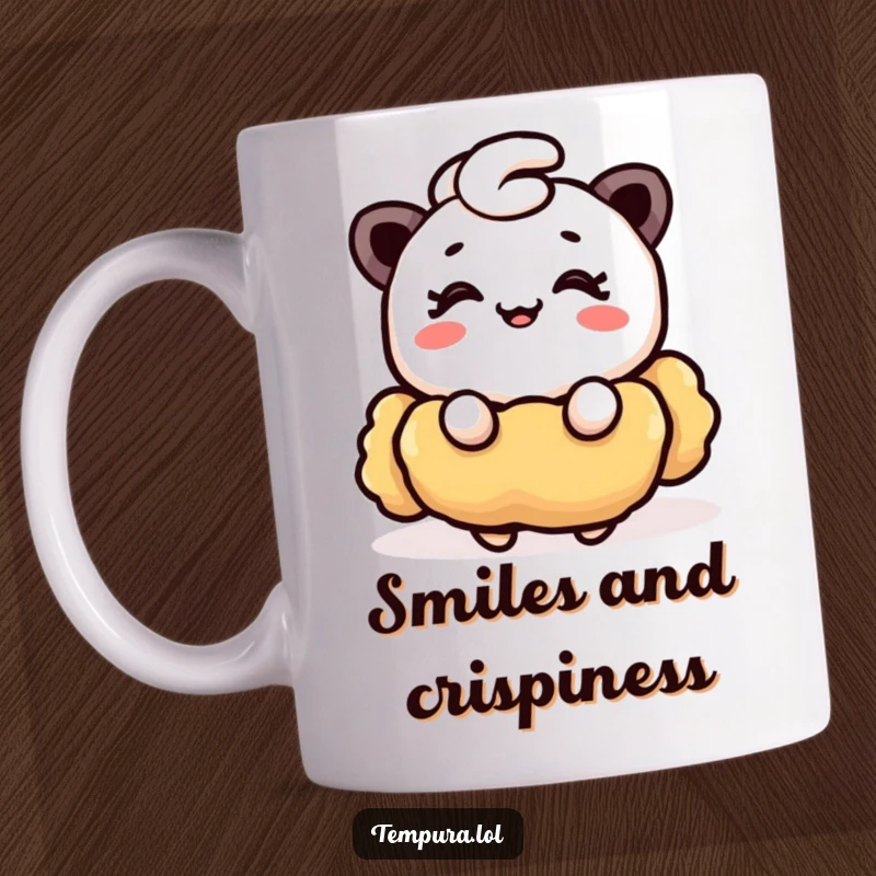 Funny Tempura Mug: A happy piece of fried tempura winking with a tiny, charming smile, exuding deliciousness.