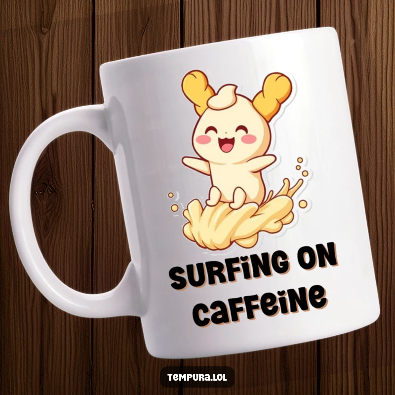 Funny tempura character smiling, joyfully riding a playful wave of batter on a mug, capturing pure delight.