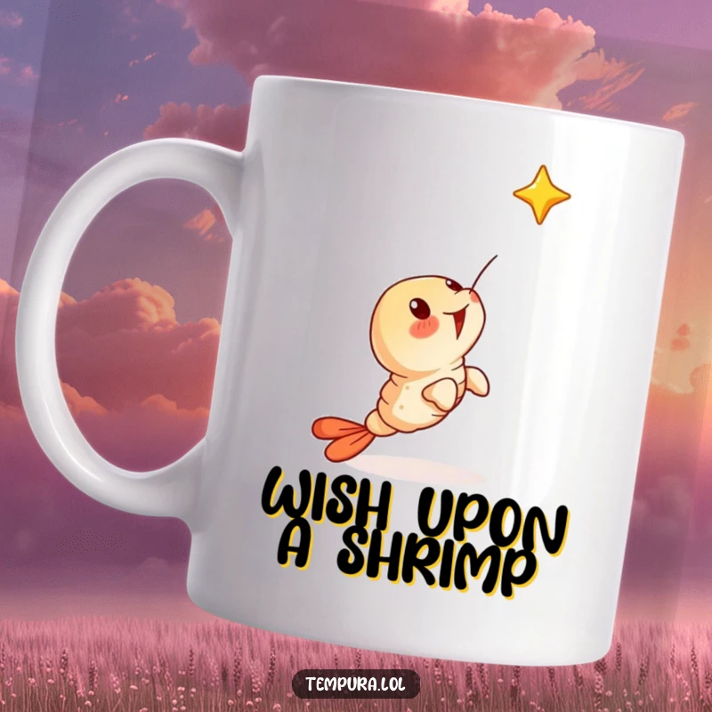 Funny mug featuring a tempura shrimp character looking up in surprise at a falling star, evoking wonder.