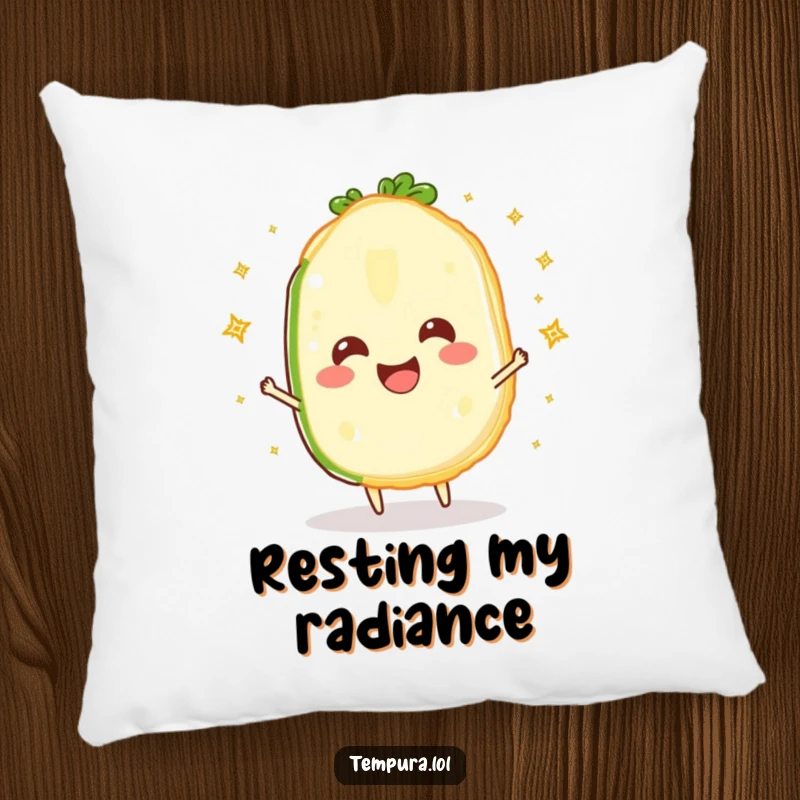 Funny Sparkling Veggie Slice Pillow: A happy tempura vegetable slice juggling sparkles, offering plush comfort and a touch of whimsical humor.