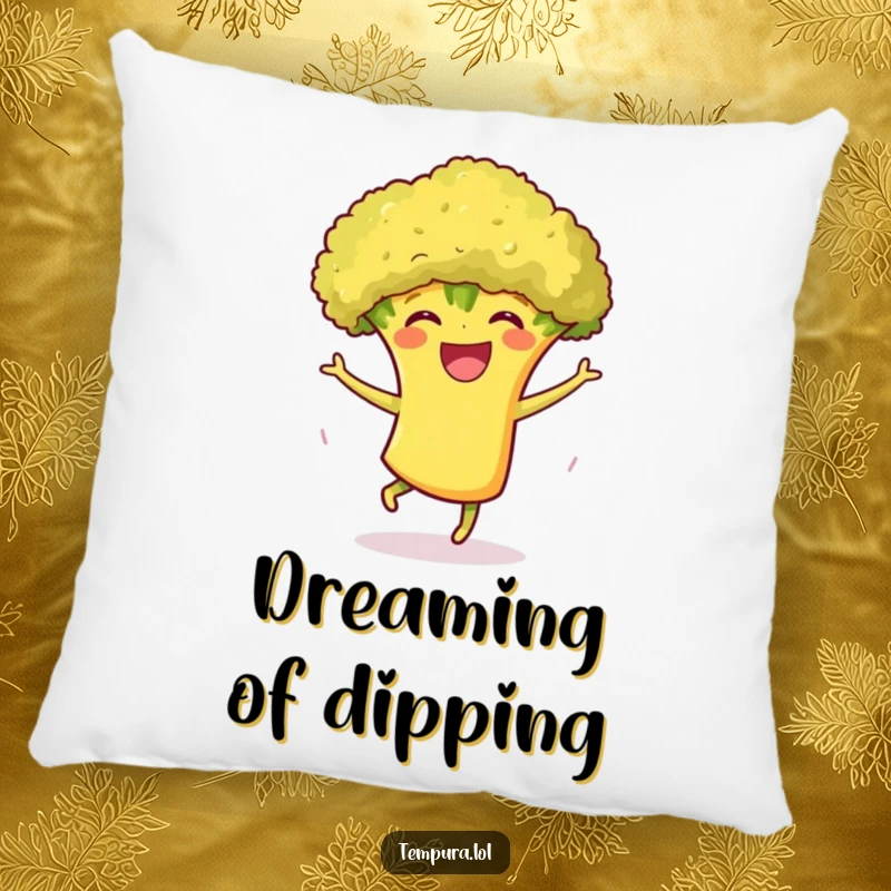 Funny Tempura Broccoli Dance Pillow: A smiling tempura broccoli in a dance pose, offering comfort and a touch of hilarious veggie charm.