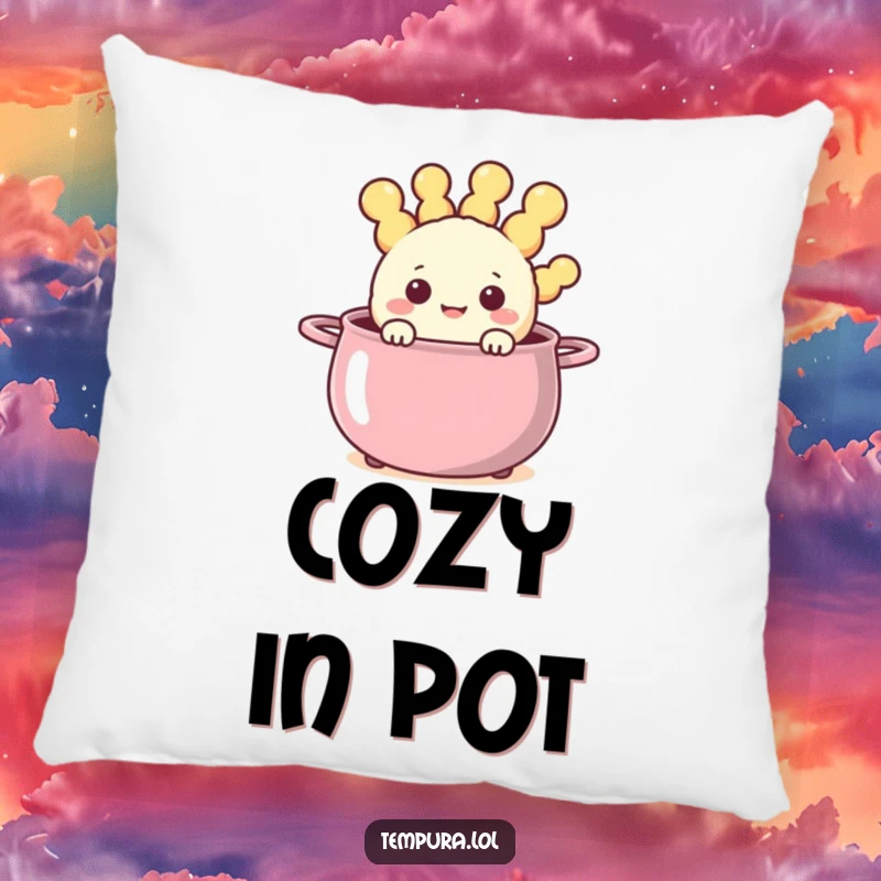 Funny happy tempura character peeking out from a steaming, cheerful pot on a soft pillow, designed for comfort.