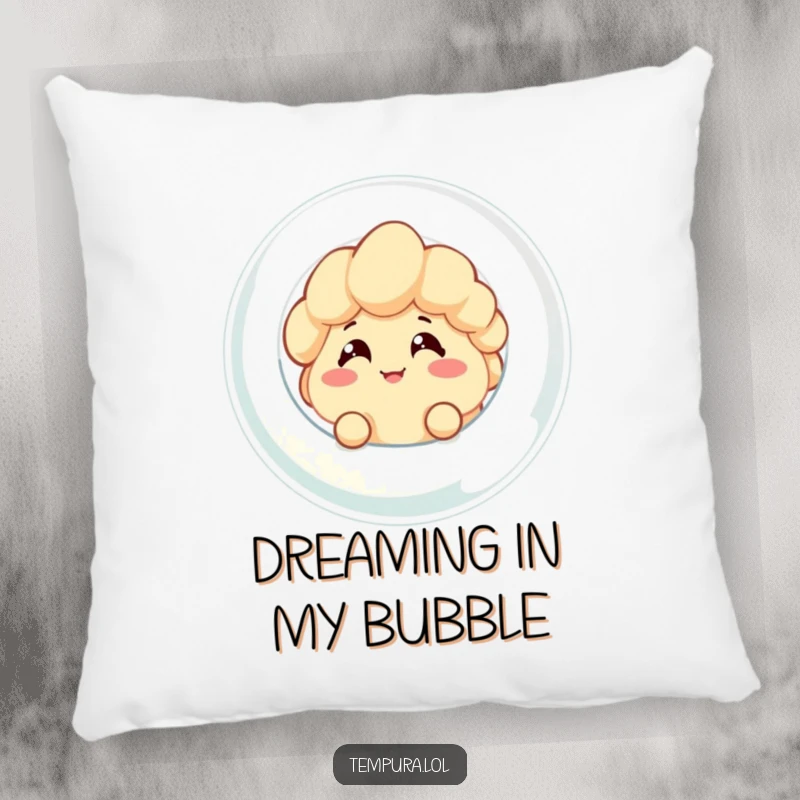 Funny pillow featuring a tempura character with a cheeky grin peeking out of a bubble, offering comfort and humor for couch or bed.