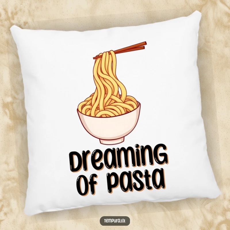 Funny tempura udon noodle pillow with a playful, twirling noodle character, providing comfort and amusement.