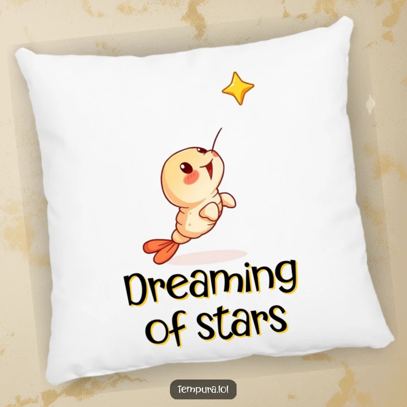 Funny pillow featuring a surprised tempura shrimp character looking up at a falling star, perfect for cozy dreaming.