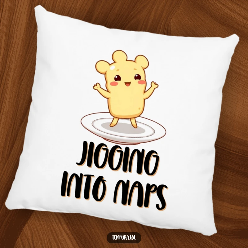 Funny Tempura Pillow: A piece of tempura happily doing a jig on a plate, offering comfort and joyful celebration.
