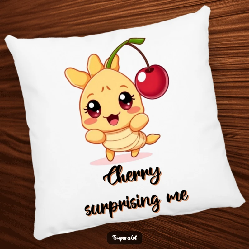 Funny Tempura Shrimp Pillow: A wide-eyed tempura shrimp character in shock from a floating cherry, offering comfort and humor.