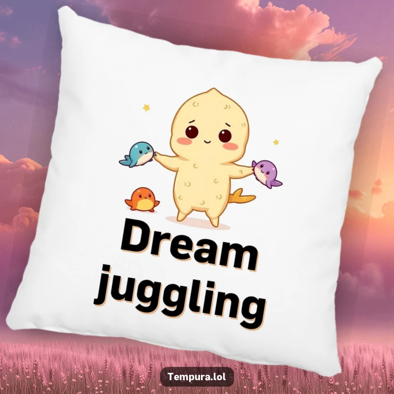 Funny tempura pillow showing a tempura character juggling three tiny sea creatures, providing comfort and a humorous, circus-inspired decorative touch.