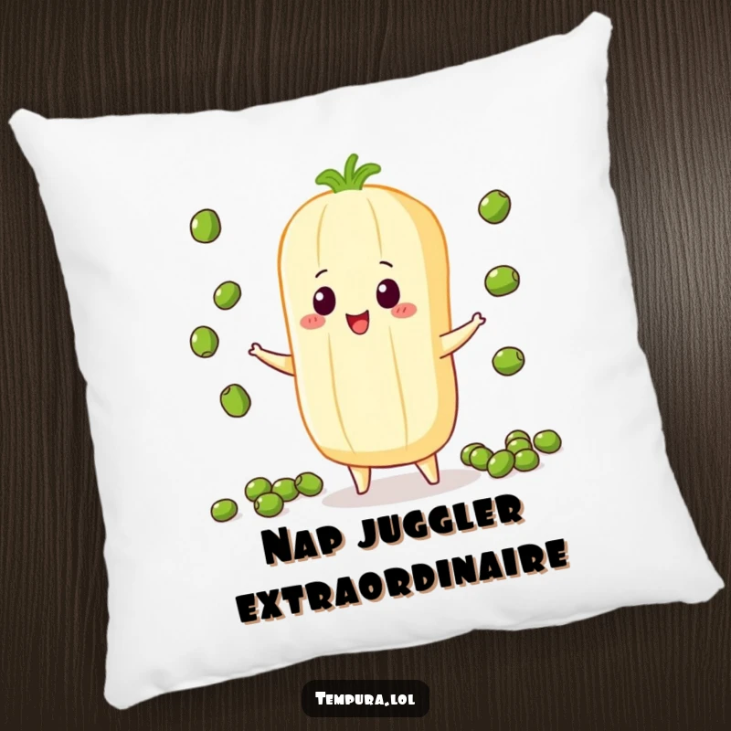 Funny Juggling Vegetable Pillow, illustrated juggling small peas, offering comfort and a humorous nod to impressive coordination.