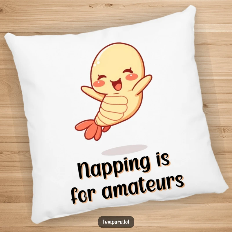 Funny tempura shrimp pillow featuring a happy, jumping shrimp cartoon character, offering comfort and humor.