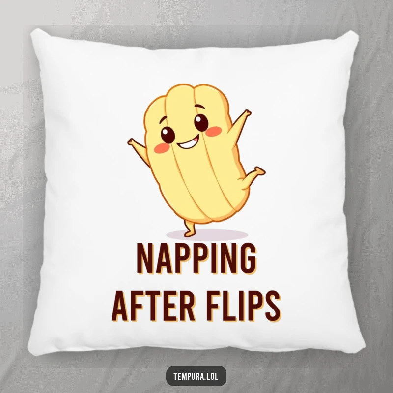 Funny Kawaii tempura character with a big grin, doing a cartwheel on a plush pillow, offering comfort and smiles.