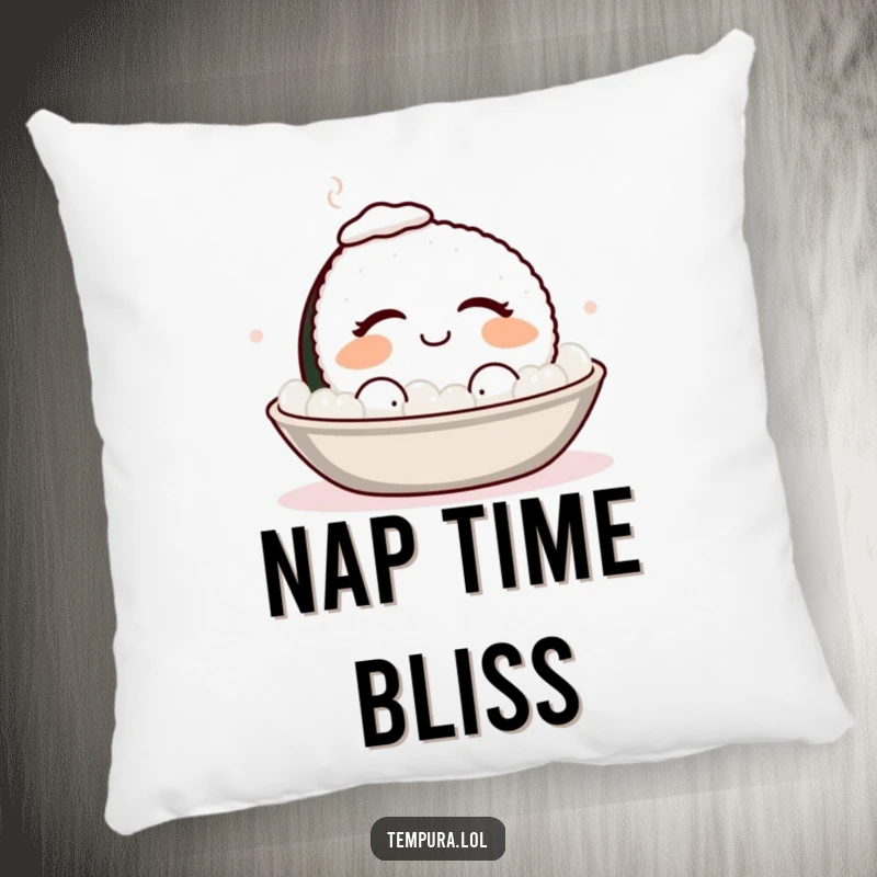 Funny smiling sushi with eyes closed, enjoying a warm bath, a soft and humorous decorative pillow.